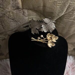 Leaf Clamper Bracelet + Gold Leaf Brooch with Pearl Accents